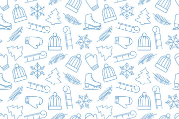 christmas, winter seamless pattern with fir tree, snowflake, sleds, skates, hat and gloves, great for wrapping, textile, wallpaper, greeting card- vector illustration