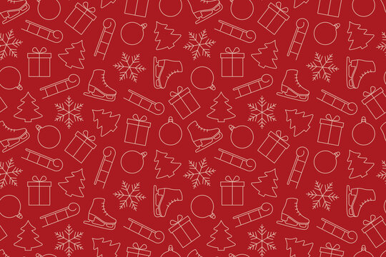 christmas, winter seamless pattern with christmas balls, fir tree, gift snowflake, sleds and skates, great for wrapping, textile, wallpaper, greeting card- vector illustration