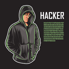 T shirt illustration of a hacker man in a dark hood
