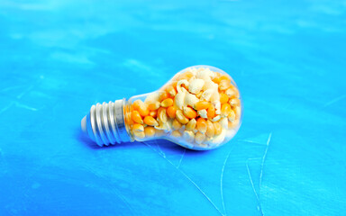 Fototapeta na wymiar Lightbulb with raw and popped popcorn inside