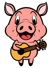 Funny Pig cartoon characters playing acoustic guitars, best for sticker, logo, and mascot for music school of kids