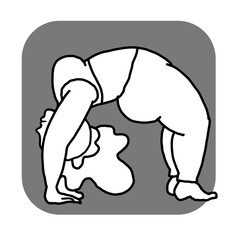 Curvy plus size woman has yoga class and make relaxation pose to be strong and trains her body. Hand drawn simple monochrome illustration. Comics cartoon line drawing.