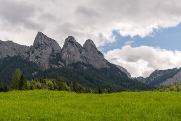 Bergmassiv mit drei Spitzen mit grüner Wiese im Vordergrund