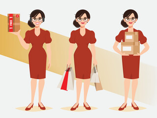 Obraz premium Businesswoman happy woman shopping with many shopping bags character pose set. Flat cartoon vector design.