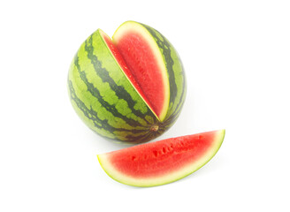 Watermelon with one watermelon slice isolated on white.	