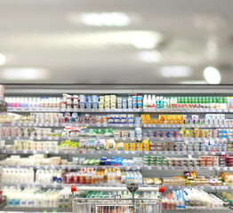choosing a dairy products at supermarket.empty grocery cart in an empty supermarket