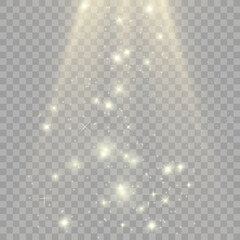 White sparks and golden stars glitter special light effect. Vector sparkles on transparent background. Christmas abstract pattern. Sparkling magic dust particles	
