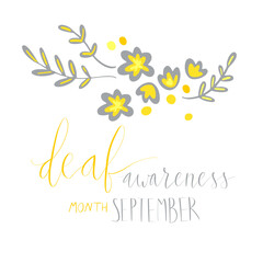 Deaf awareness month september handwritten calligraphy. Vector card template. Yellow and gray support ribbon.