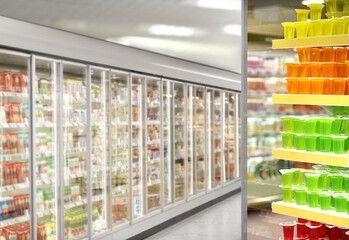 empty supermarket,frozen food from a supermarket freezer.
