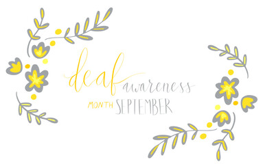 Fototapeta na wymiar Deaf awareness month september handwritten calligraphy. Vector card template. Yellow and gray support ribbon.