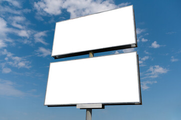 Billboard white blank with room to add your own text. Background with white cloud and blue sky for outdoor advertising, banners with clipping path