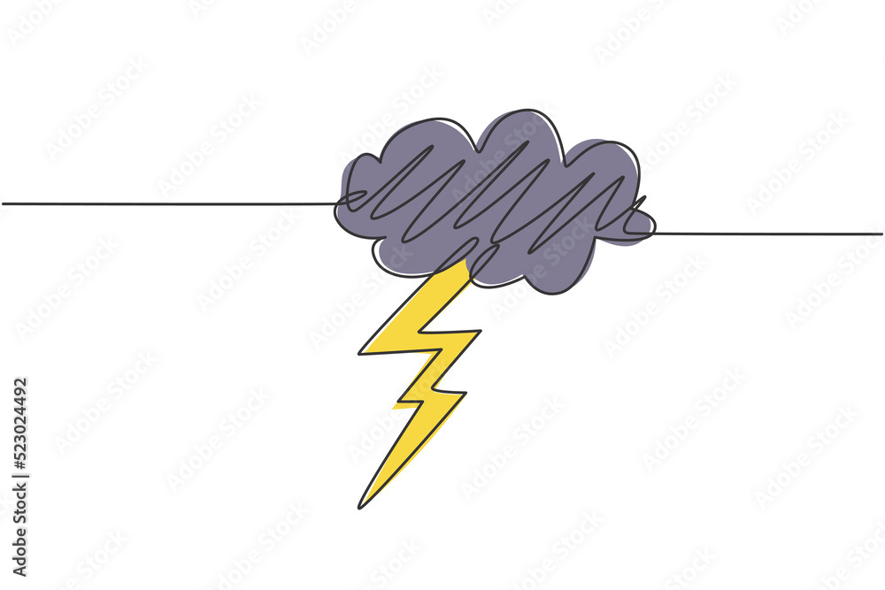 Aufkleber single continuous line drawing of flashing thunderbolt with heavy cloud in the sky. daily natural we