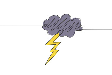 Single continuous line drawing of flashing thunderbolt with heavy cloud in the sky. Daily natural weather phenomena concept. Minimalism dynamic one line draw. Graphic design vector illustration