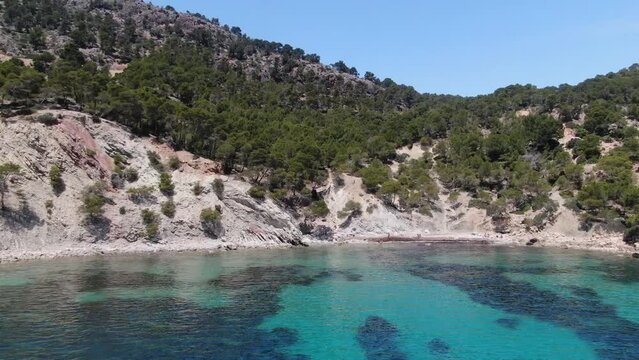  Cala Blaca beautiful panoramic view of a beach in the seacost of the island of Mallorca. Consept of holiday, summer, relax and enjoy	
