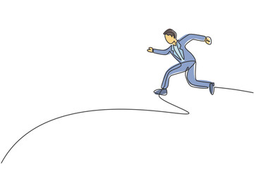Fototapeta premium Continuous one line drawing of young happy male entrepreneur jumping high into the sky. Success business manager. Minimalist concept. Trendy single line draw design vector graphic illustration