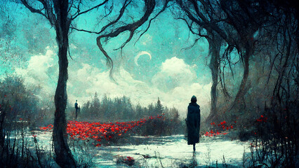 Fototapeta premium A woman standing is looking to the moon.
