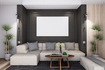 mock up poster frame in modern interior fully furnished rooms background, living room,