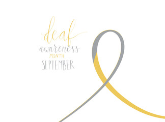 Deaf awareness month september handwritten calligraphy. Yellow and gray support ribbon. Vector card template.