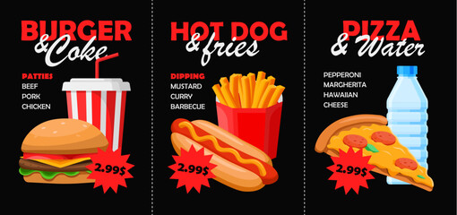 Fast food special offer vector menu template on black background. Set of different fast foods and drinks in cartoon style. Burger, pizza, french fries, hot dog, water, soda. Fast food discount