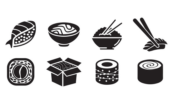 set black and white sushi icons. Asian cuisine. chinese food rice and fish. roll. sushi bar. logo.
