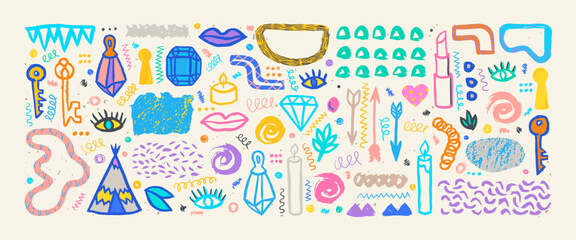 Hand drawn grunge doodles set. Big collection of abstract modern elements and shapes. Boho style grunge doodles.