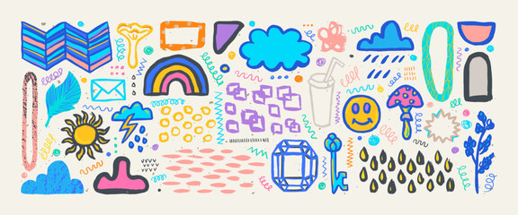 Hand drawn grunge doodles set. Big collection of abstract modern elements and shapes. Modern lifestyle doodles set.