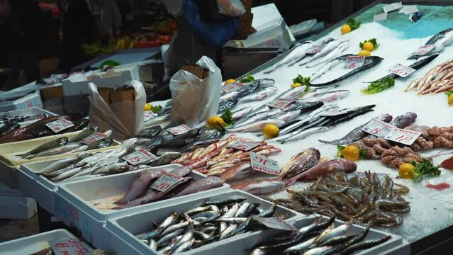 Kapani Market, one of the largest and most popular covered markets in Thessaloniki, Macedonia, Greece. Shops selling fresh raw fish arranged on ice on a seafood counter with prices in Euros. Local