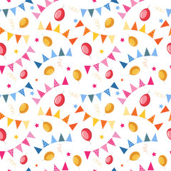 Festive pattern with balloons and flags, stars and confetti. Birthday background.