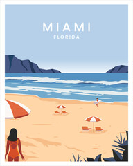 summer in miami beach florida. poster vector illustration with minimalist style.  - obrazy, fototapety, plakaty