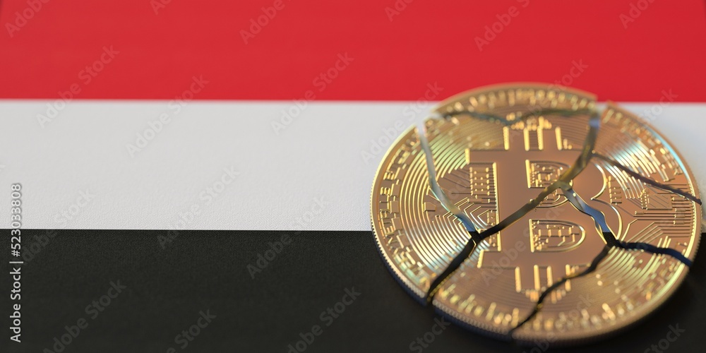 Poster broken bitcoin on the flag of yemen. legal issues and cryptocurrency regulations problems concepts, 
