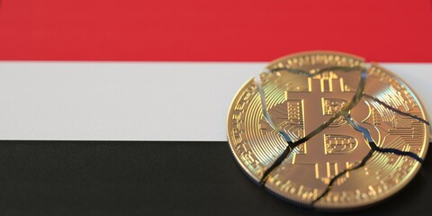 Broken bitcoin on the flag of Yemen. Legal issues and cryptocurrency regulations problems concepts, 3d rendering