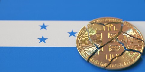 Broken bitcoin on the flag of Honduras. Legal issues and cryptocurrency regulations problems concepts, 3d rendering