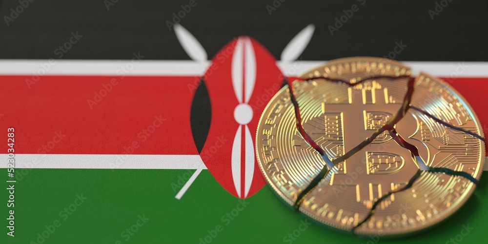 Aufkleber broken bitcoin on the flag of kenya. legal issues and cryptocurrency regulations problems concepts, 