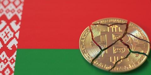 Fototapeta na wymiar Flag of Belarus and destroyed bitcoin. Cryptocurrency ban or restrictions related 3d rendering
