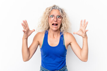 Middle age caucasian woman isolated on white background screaming to the sky, looking up, frustrated.