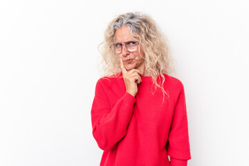 Middle age caucasian woman isolated on white background contemplating, planning a strategy, thinking about the way of a business.