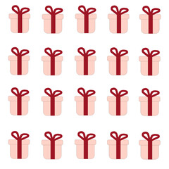 Set of pink gift boxes with red bow. Beautiful pattern of colored gift boxes on white background. Birthday concept. 