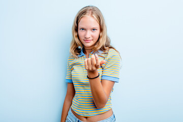 Caucasian teen girl isolated on blue background pointing with finger at you as if inviting come closer.