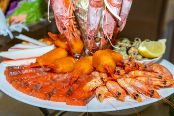Cold seafood appetizer. Sea delicacies are ready to eat. Close up