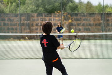 Niño entrenando tenis, llucmajor,Mallorca, balearic islands, spain, europe