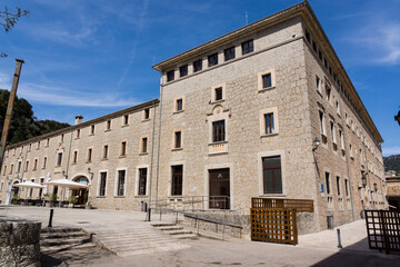Naklejka premium Santuario de LLuc, siglo XVII, plaza de los peregrinos,Escorca, Sierra de Tramuntana, Mallorca, balearic islands, spain, europe