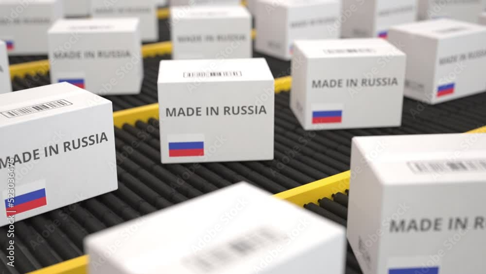 Poster white boxes with made in russia text on conveyor. seamless loopable 3d animation