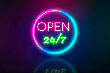 Neon light OPEN 24/7 Banner ,modern fashion, product advertising.	

