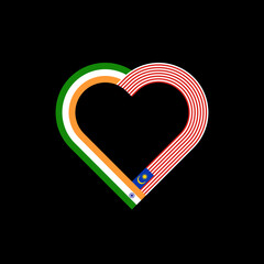 friendship concept. heart ribbon icon of indian and malaysian flags. vector illustration isolated on black background