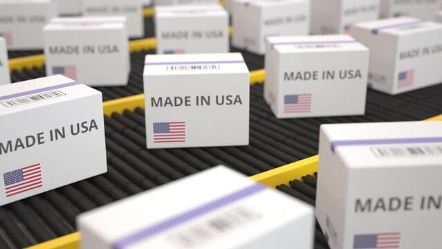 MADE IN USA text on white cartons moving along the conveyor. Seamless loopable 3D animation