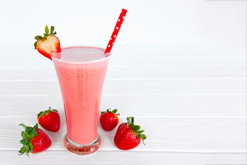 Strawberry yogurt fruit juice smoothie pink colorful fruit juice milkshake blend beverage healthy high protein the taste yummy In glass drink episode morning on white wood background.