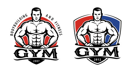Gym logo template. Design for sport label, fitness badge. Sport symbol, bodybuilding emblem. Vector illustration