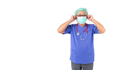 portrait of medical doctor in uniform, asian doctor elderly man wear a mask with stethoscope on white background.