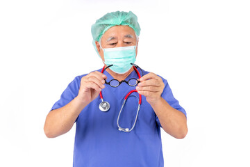 Fototapeta na wymiar portrait of medical doctor in uniform, asian doctor elderly man wear a mask with stethoscope on white background.