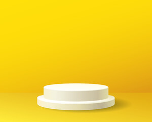 White 3d cylinder pedestal podium with yellow backdrop. Abstract  realistic vector platform. Empty space for product showcase, placment beauty or cosmetics product.
